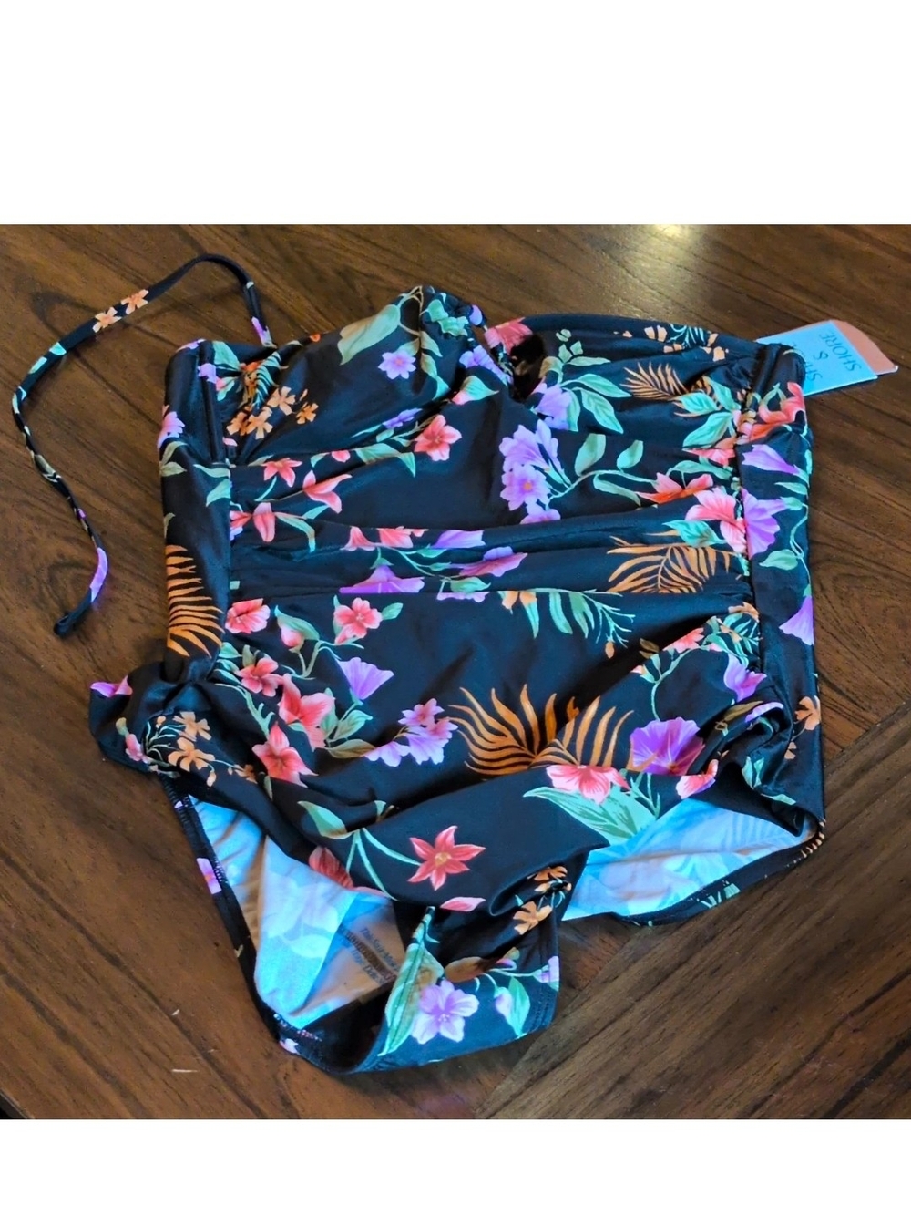 Shade & Shore Size 12 Black Floral Bandeau One Piece Tummy Control Missing clasp